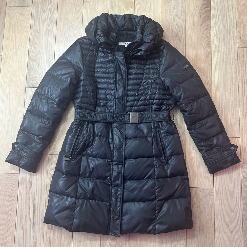 DKNY Black Long Puffer Coat with a Hood